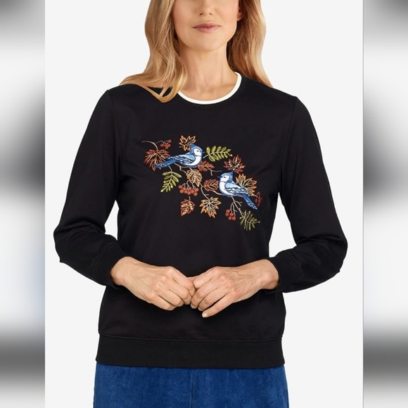 Alfred Dunner Ladies Size Medium Crew Neck Sweater Embroidery Blue Jay Birds - Picture 2 of 14